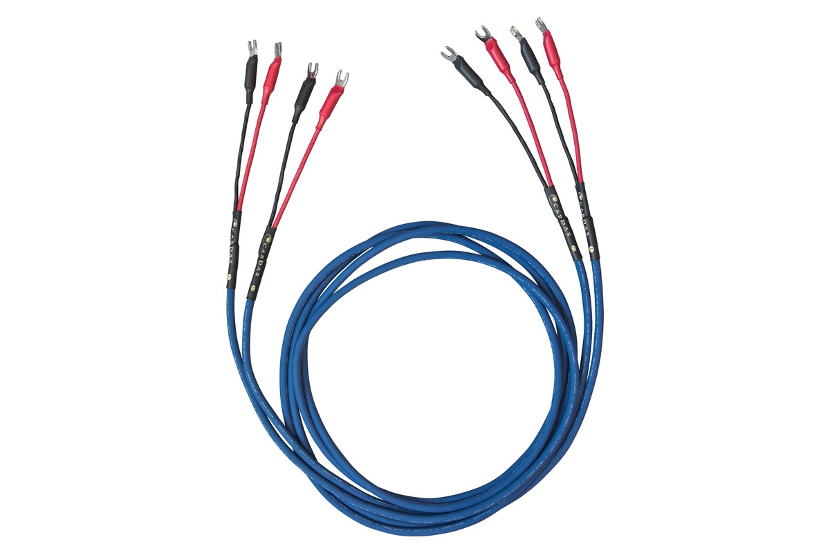 Blue Cardas SE9 MP speaker cable in a loop, four spade lugs at each end