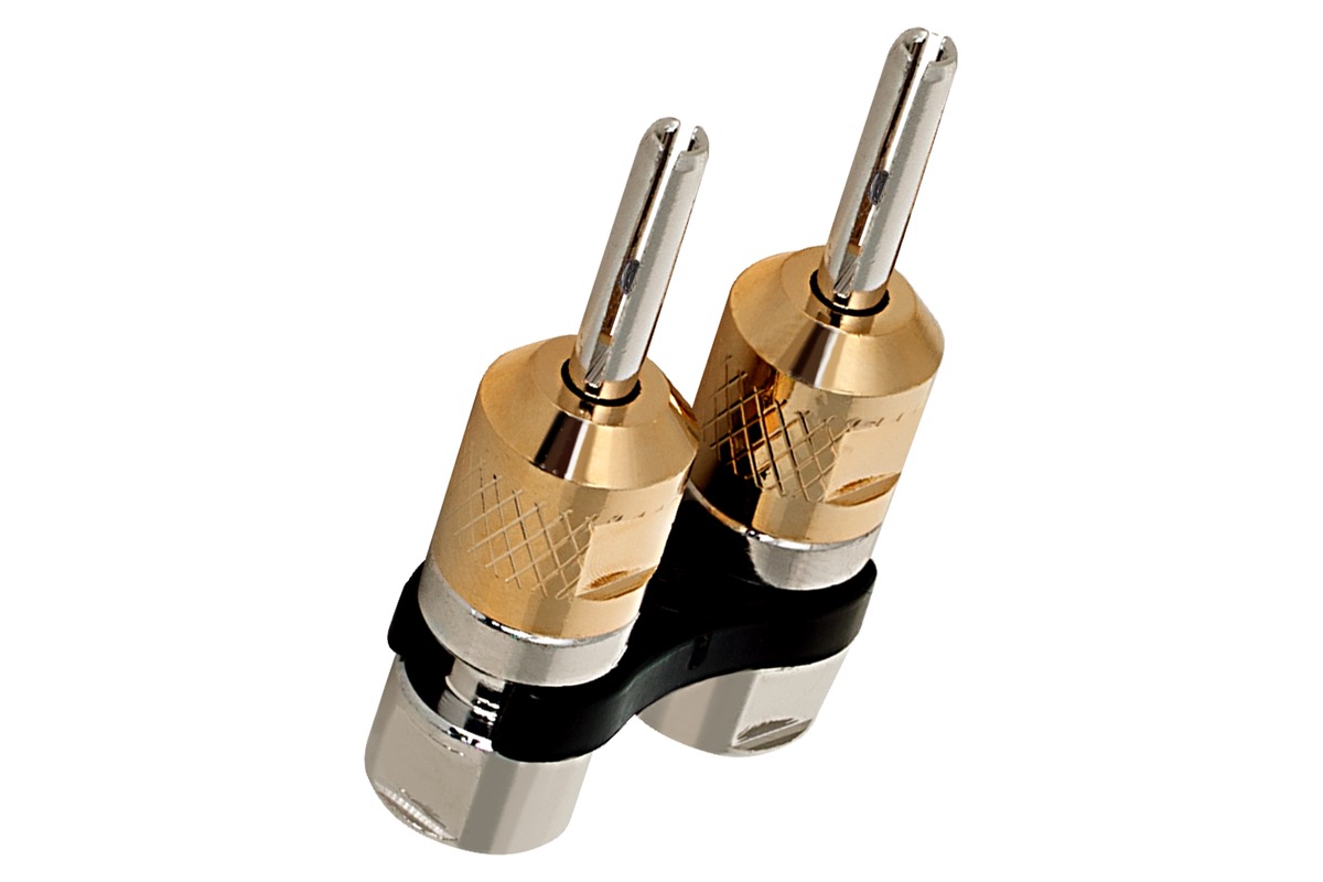 Gold and rhodium-plated CABD dual banana plug joined by a black bridge