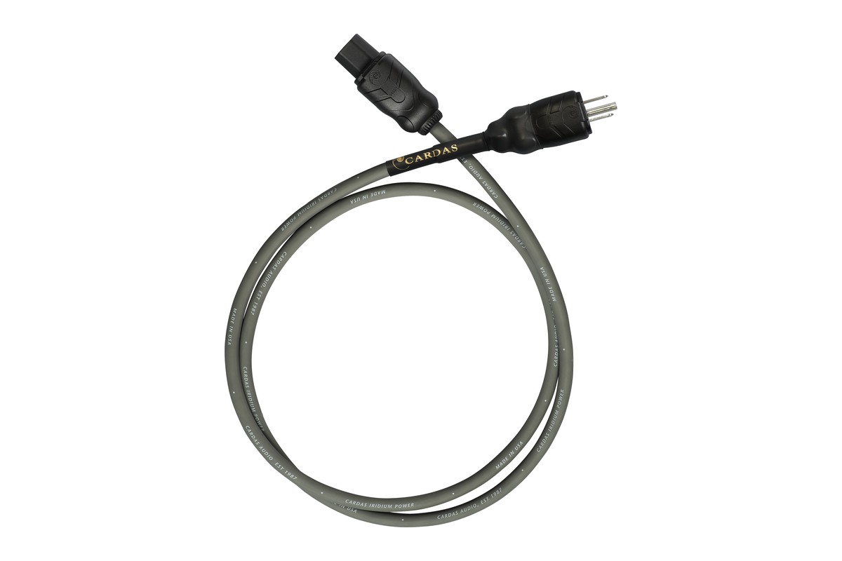 Coiled grey Cardas Iridium power cable, wall plug at one end and IEC connector at the other