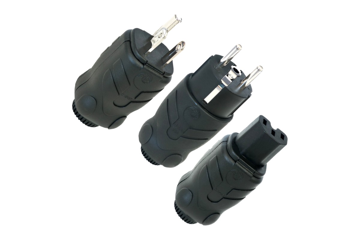 Three Cardas 3455R power plugs with ribbed black shells: US, Schuko and IEC