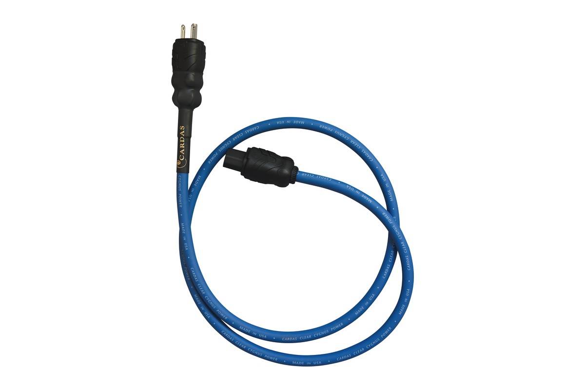 Coiled blue Cardas Clear Cygnus power cable, plug at one end and IEC connector at the other