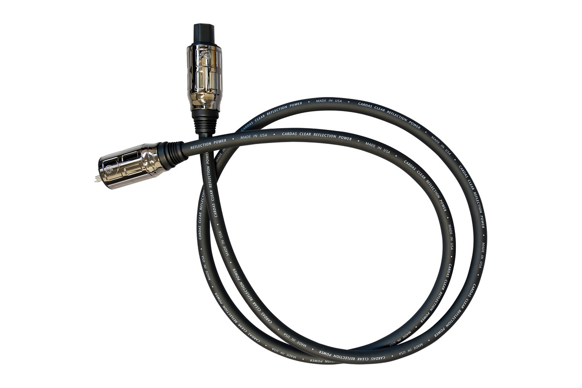 Coiled anthracite grey Cardas Clear Reflection power cable, metal-shell connectors at both ends