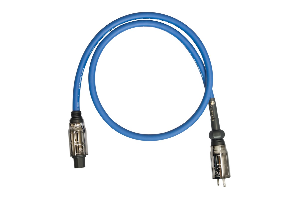 Coiled blue Cardas Clear power cable, metal-shell connectors at both ends