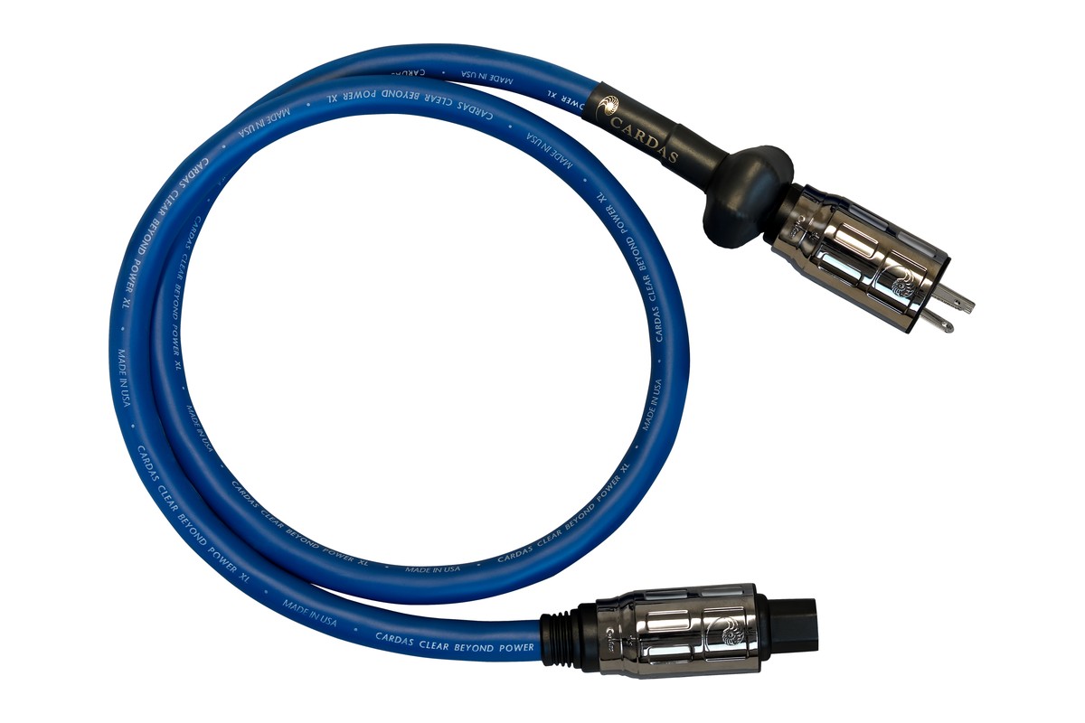 Coiled blue Cardas Clear Beyond Power XL cable, filter bulge near the E-5 plug