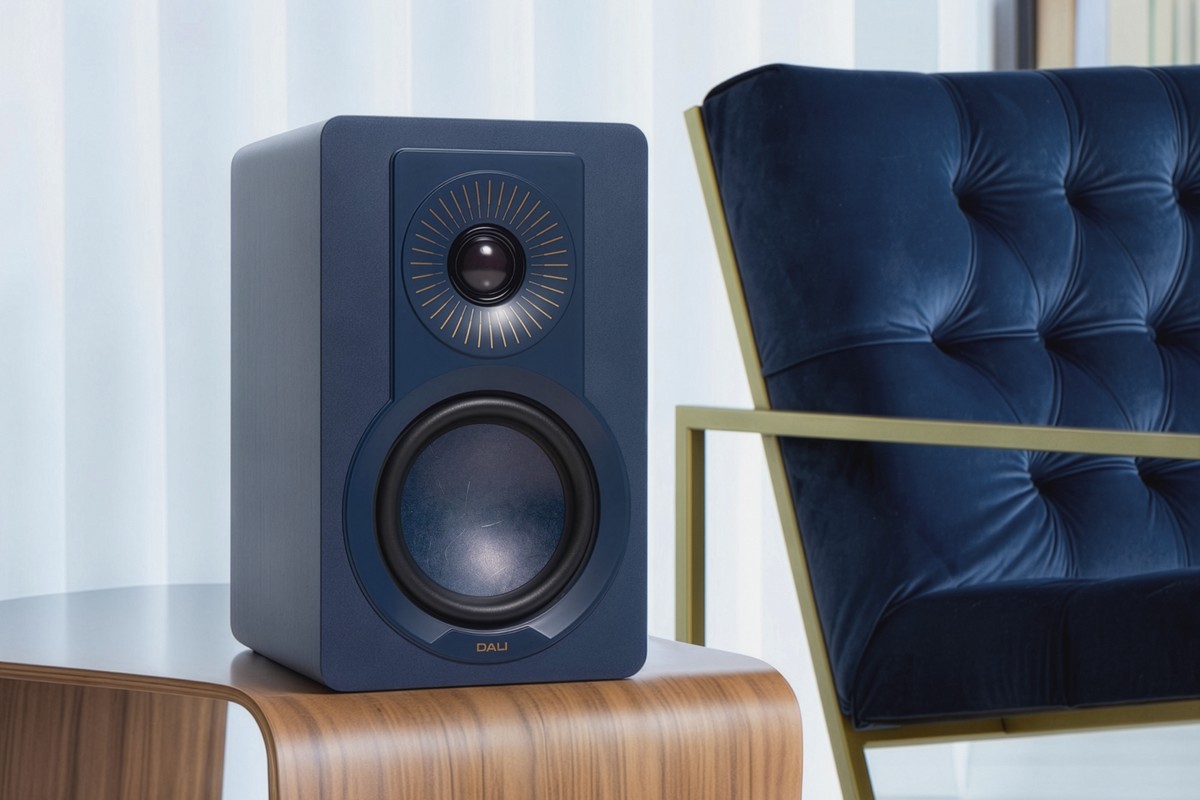 Enceinte DALI KUPID bleue posée sur un meuble bas près d'un fauteuil