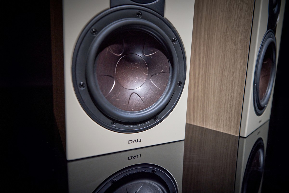 Primo piano del woofer da 7 pollici e della sua membrana ramata