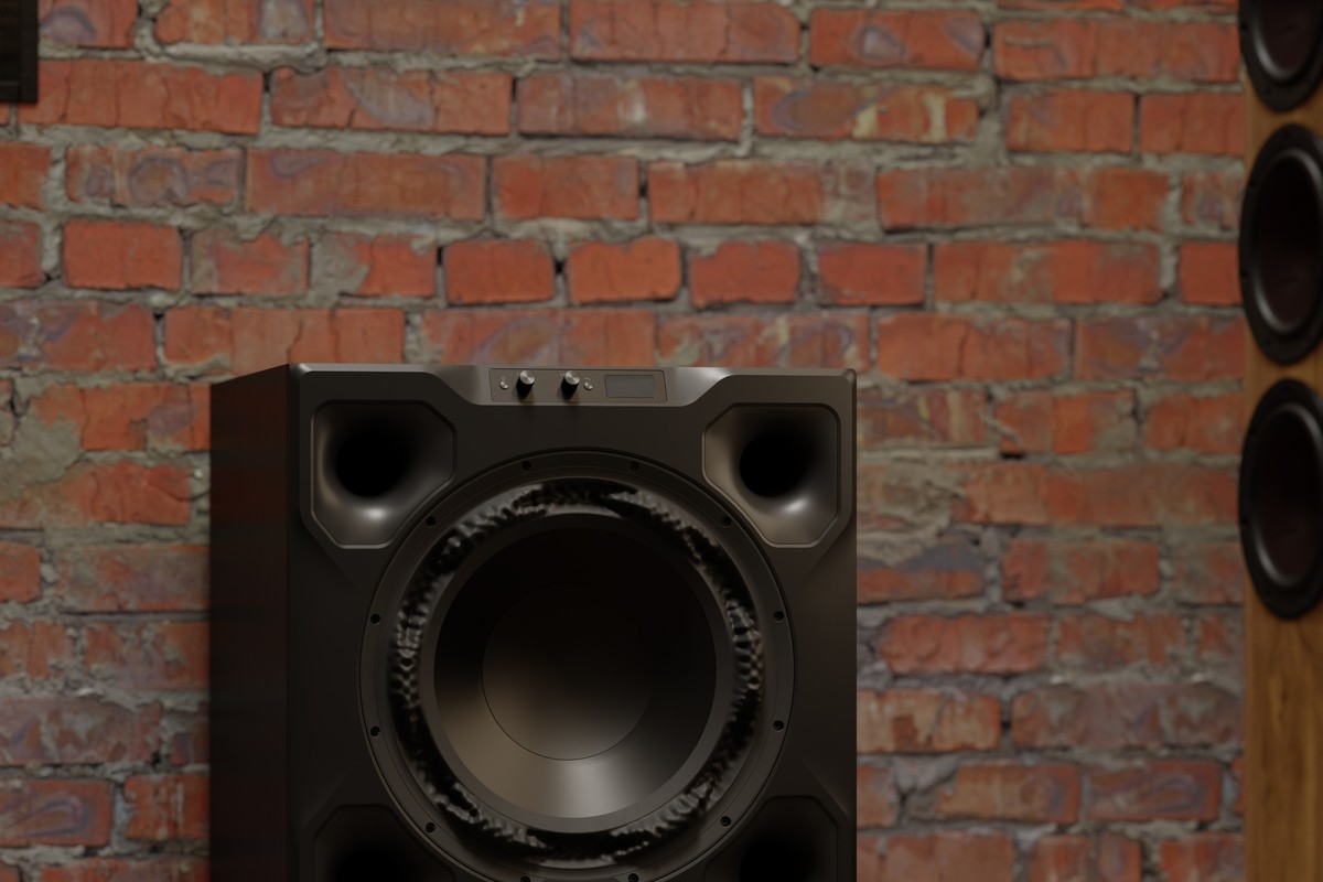 Bedienfeld an der Front des Subwoofers vor einer Ziegelwand