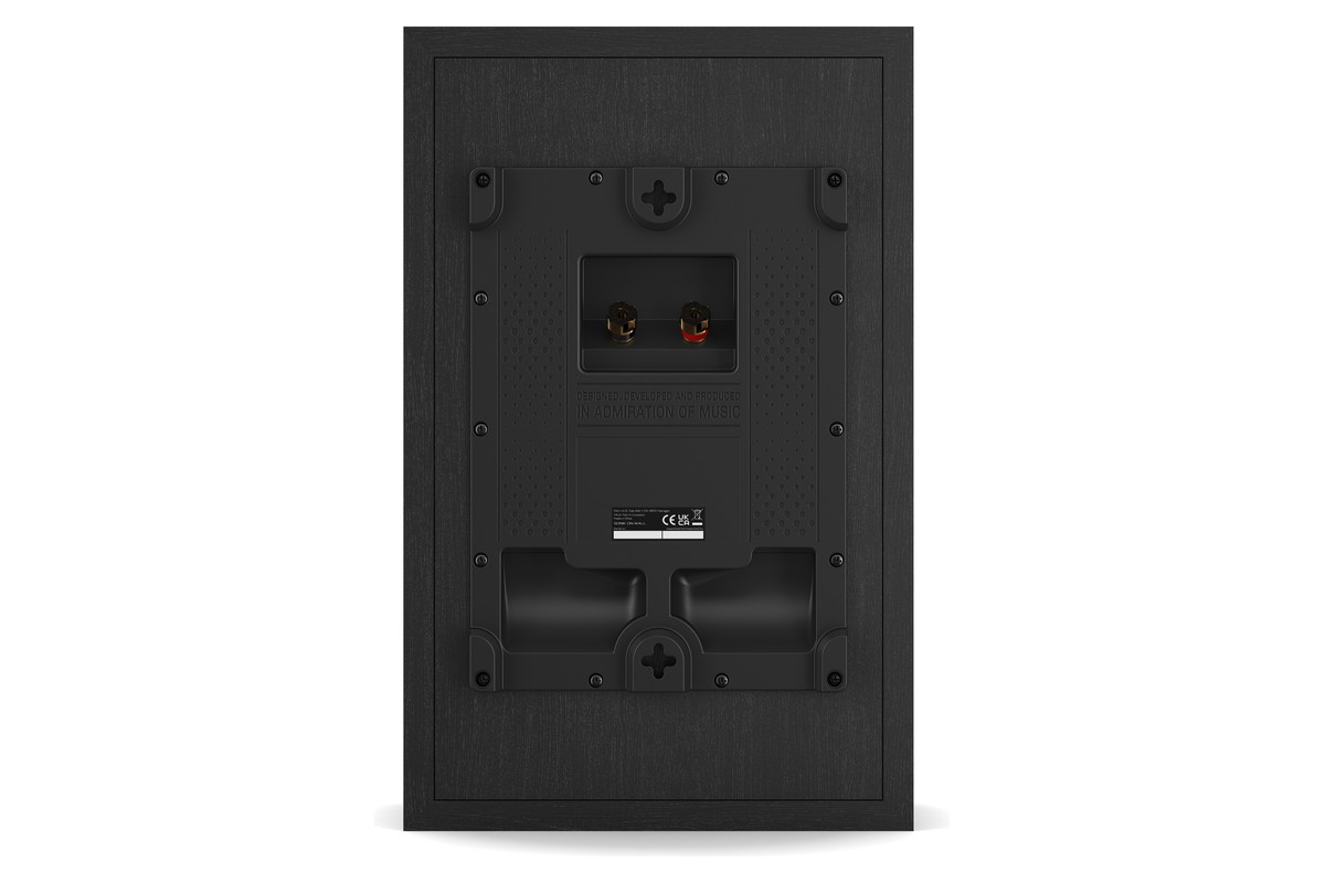 Dos d'une enceinte en frêne noir, support mural et bornier