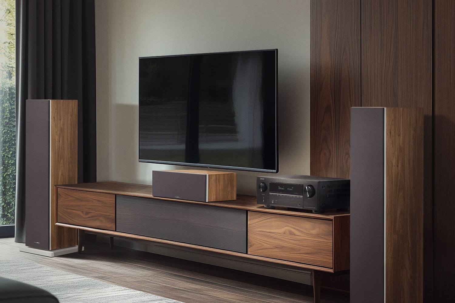 Home cinema room with a black AV amplifier and surround speakers