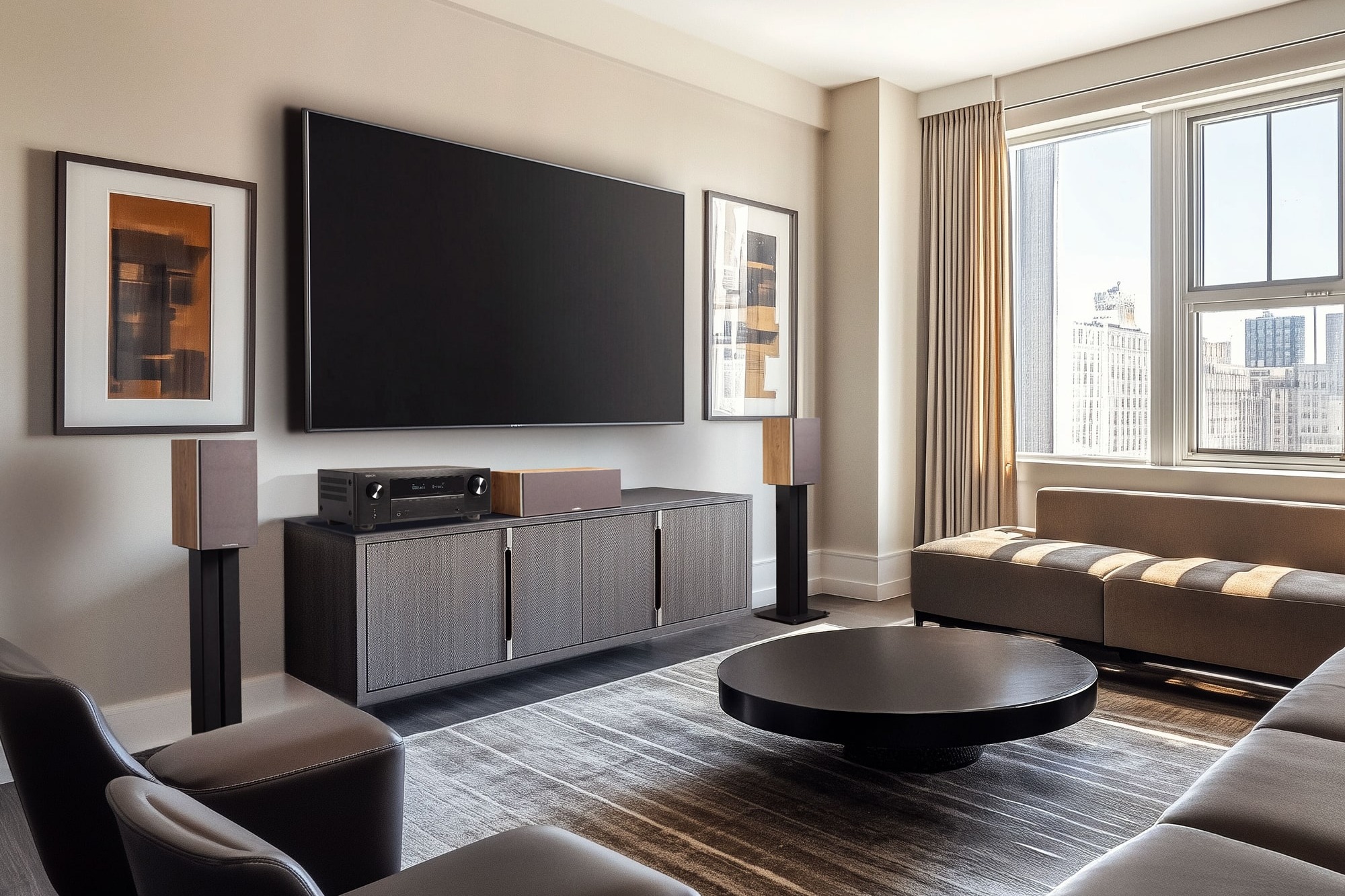 Contemporary living room with wall-mounted screen, AV amplifier and speakers on stands