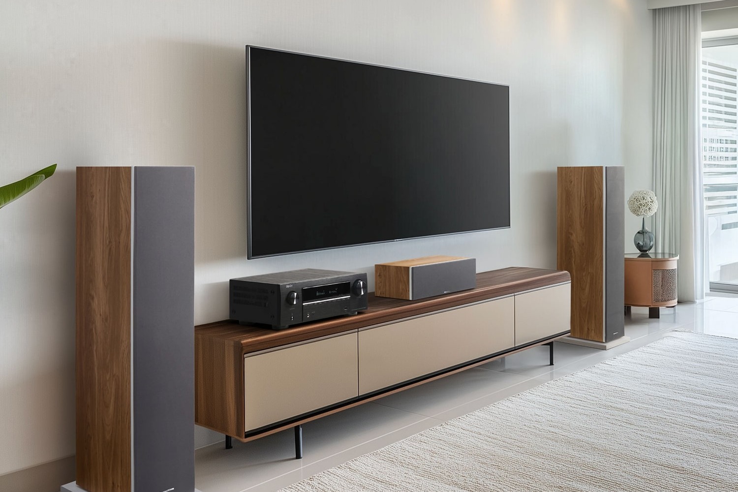 Bright living room with wall-mounted TV, AV amplifier and wooden floorstanding speakers