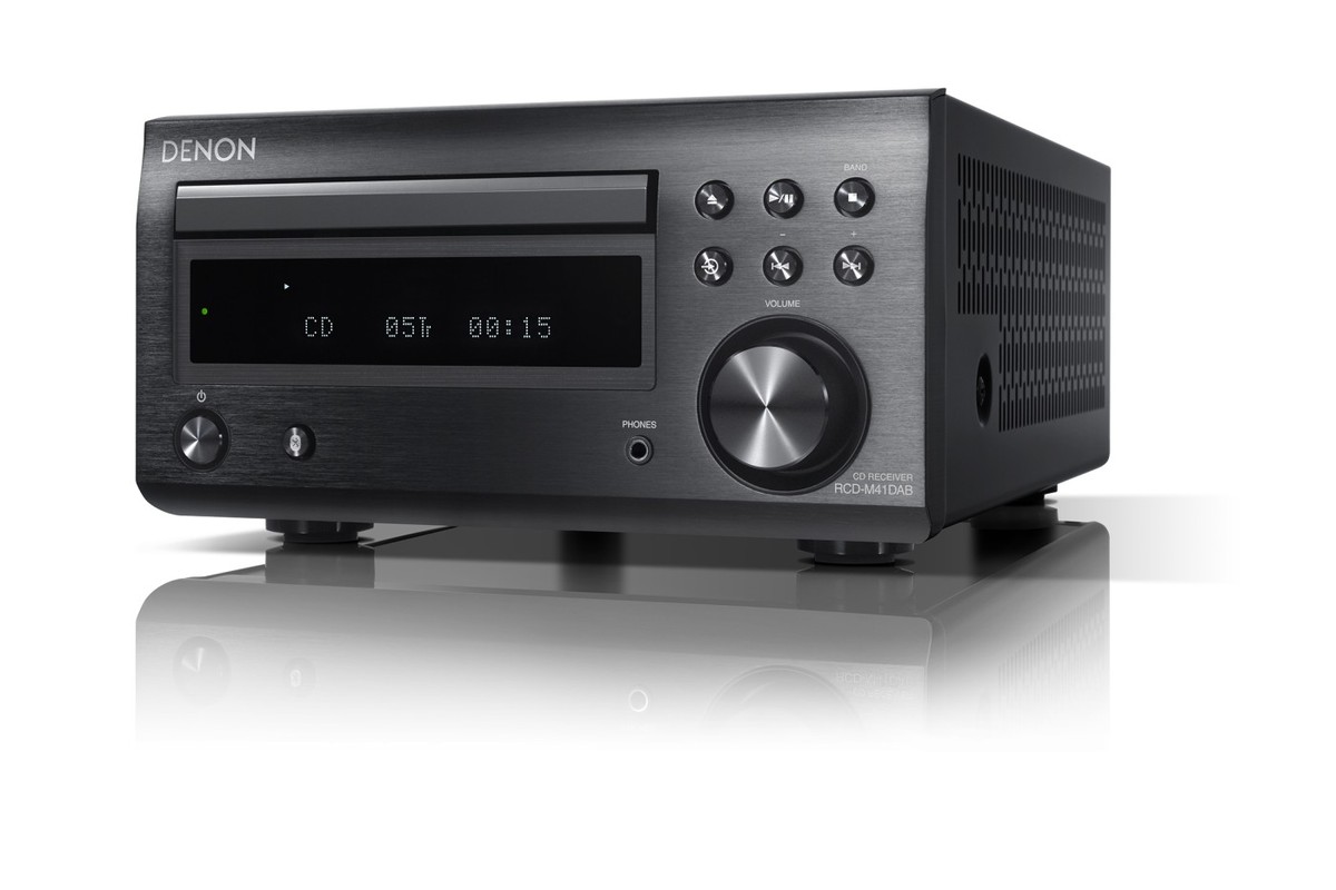Black CD receiver in three-quarter view, volume knob and headphone output on the front