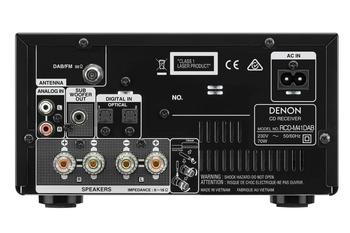 Rear panel of the CD receiver: speaker terminals, DAB/FM antenna, subwoofer output, two optical inputs and one analogue input