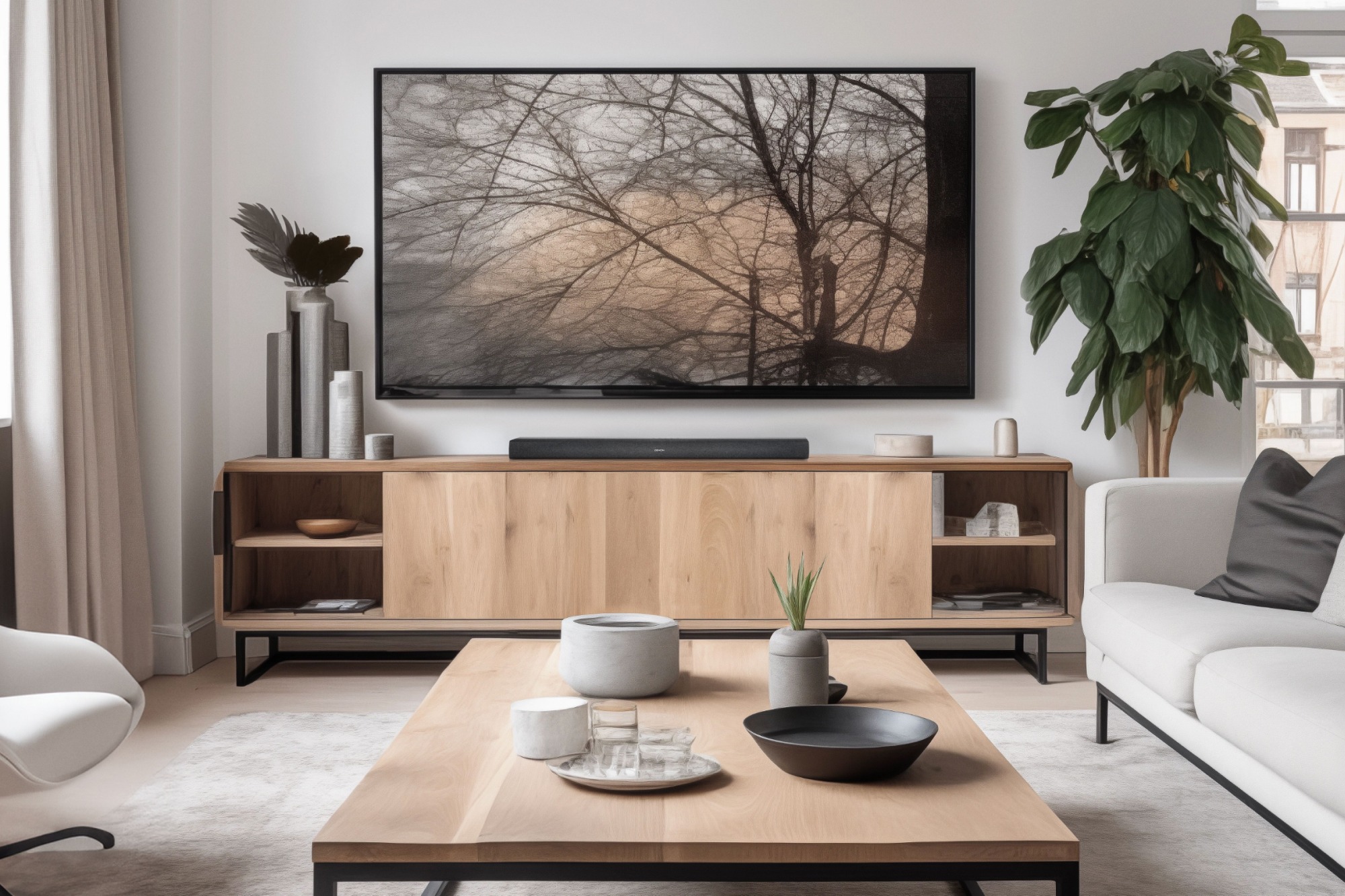 Salon contemporain, barre de son sur un meuble TV en bois clair sous un téléviseur mural
