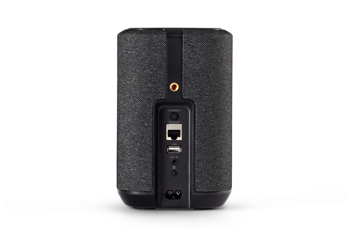 Rear of a compact speaker showing its network and USB sockets