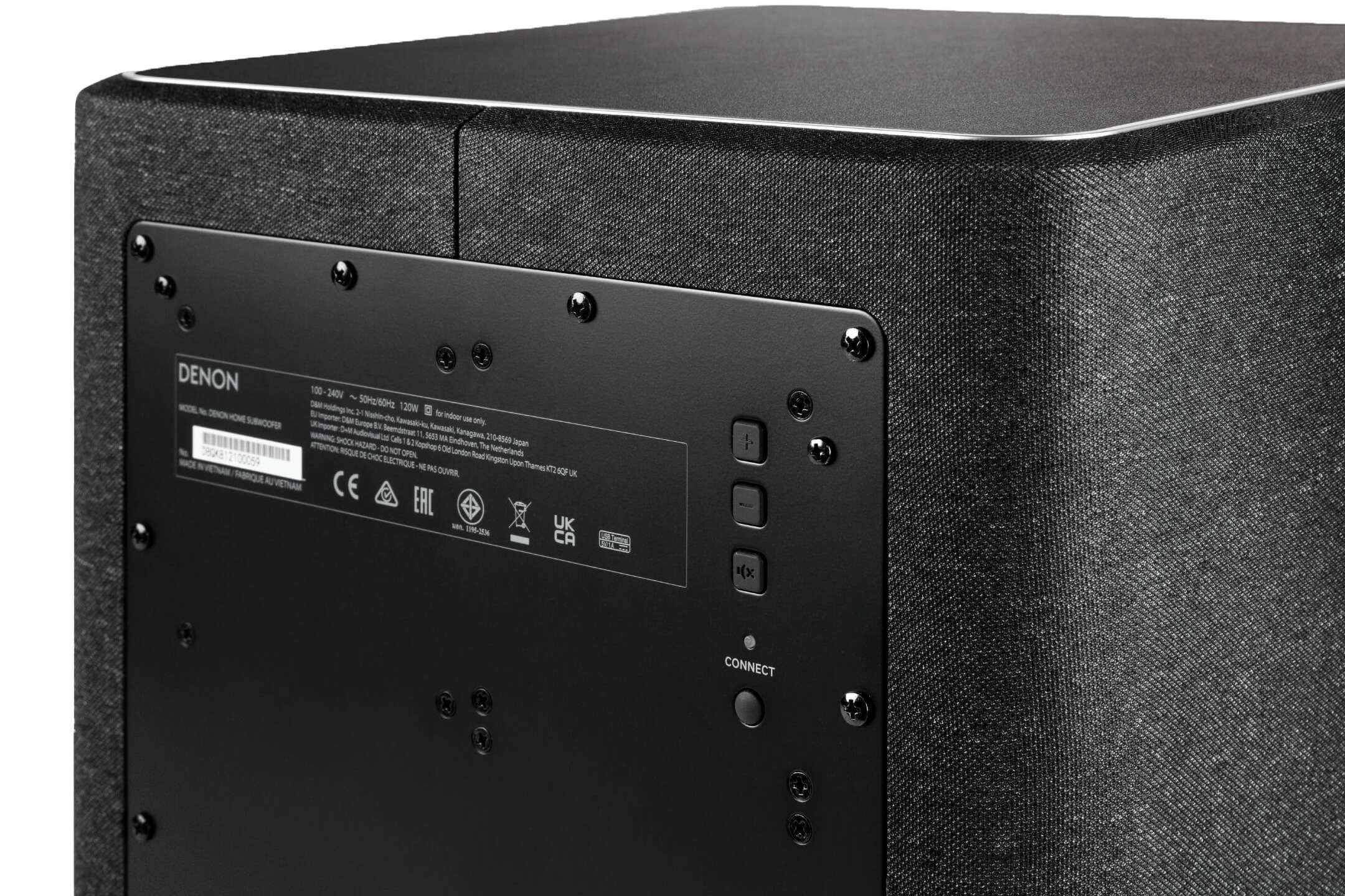 Face arrière d'un caisson de basses avec ses touches de volume, de sourdine et de connexion