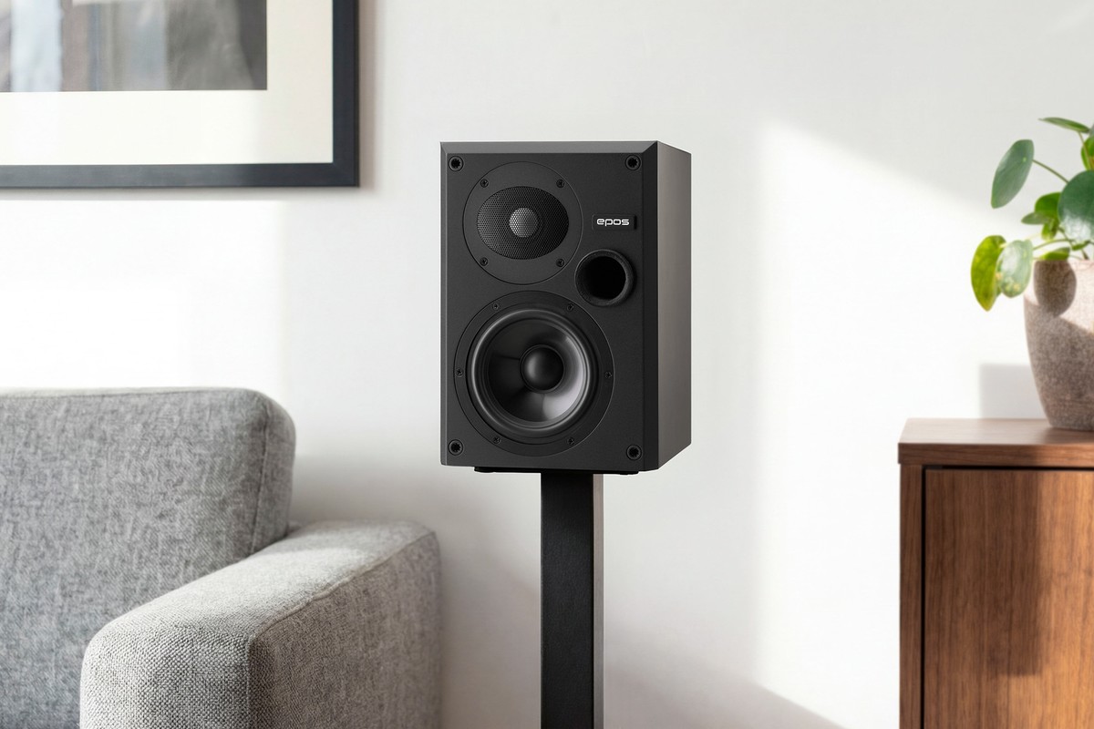 Black bookshelf loudspeaker on a stand in a living room