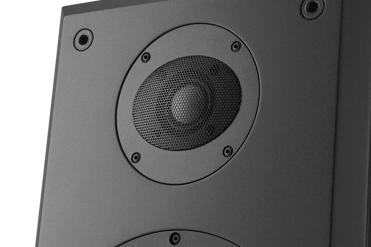 Close-up of the aluminium dome tweeter and its protective grille