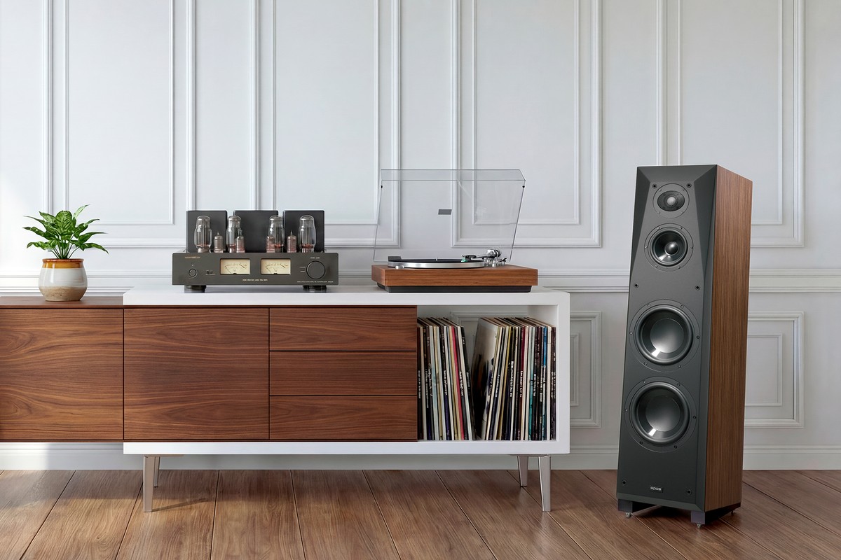 EPOS ES28N in walnut in a living room with turntable and tube amplifier