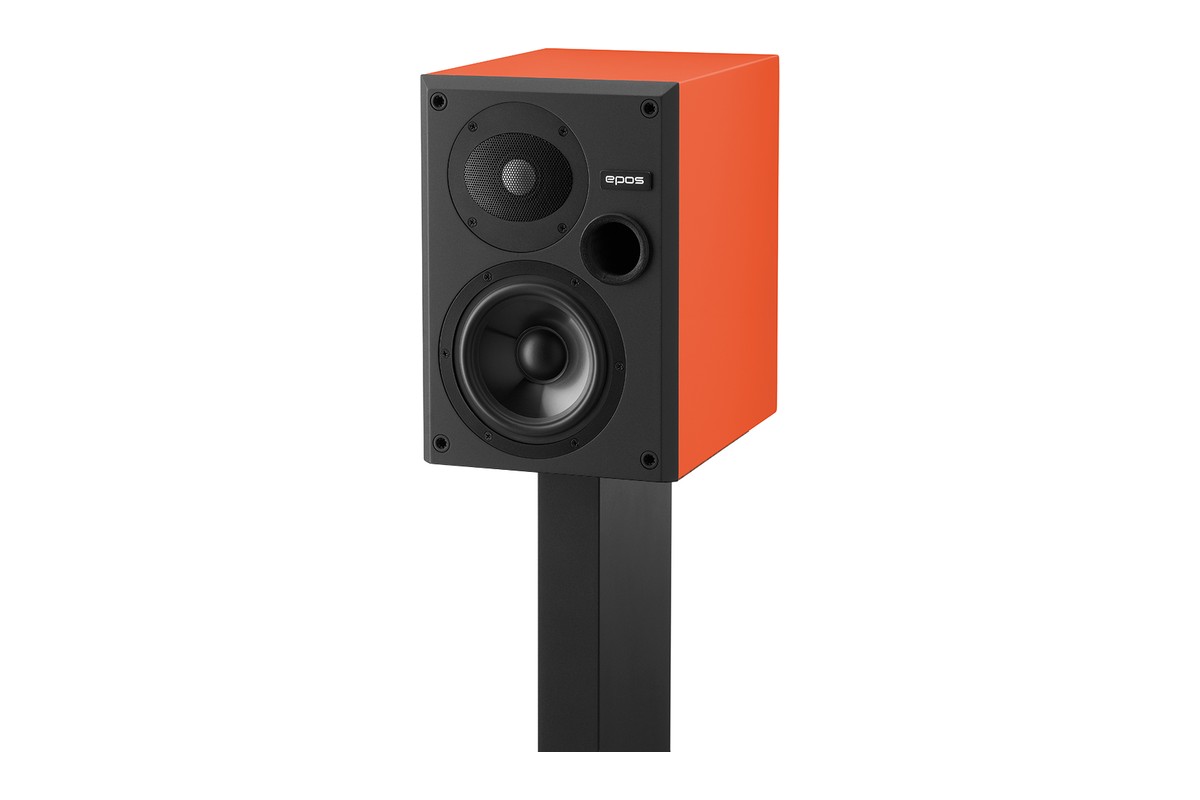 Enceinte orange posée sur le pied EPOS ES7N Stand