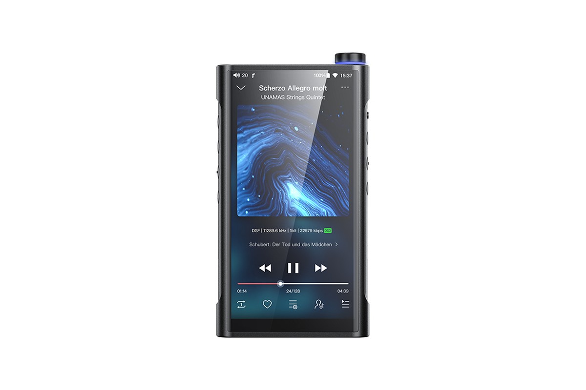 FiiO M15S pose sur son dock DK3S a cote d'un casque