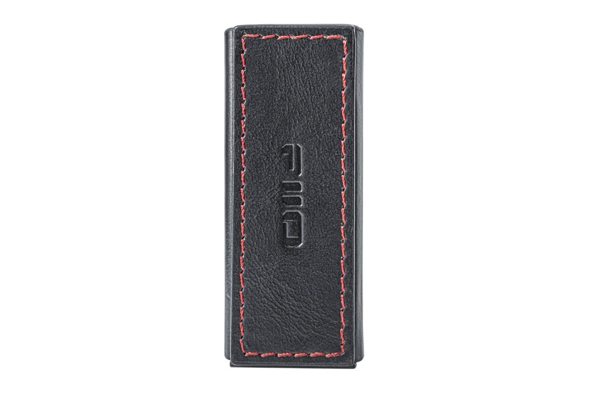 Back of the black leather case, with red stitching and embossed FiiO logo