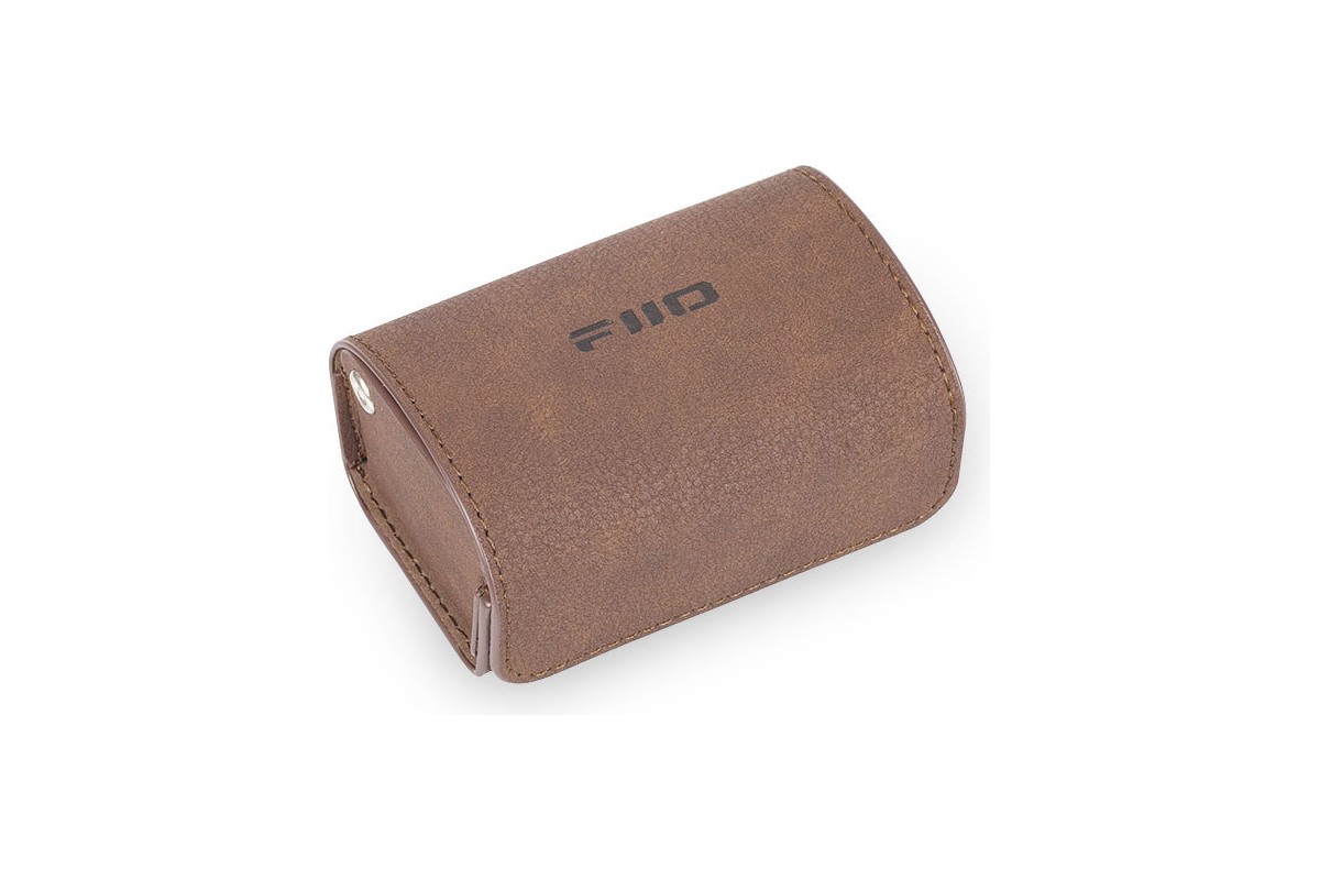 Closed brown faux leather case, FiiO logo on the flap