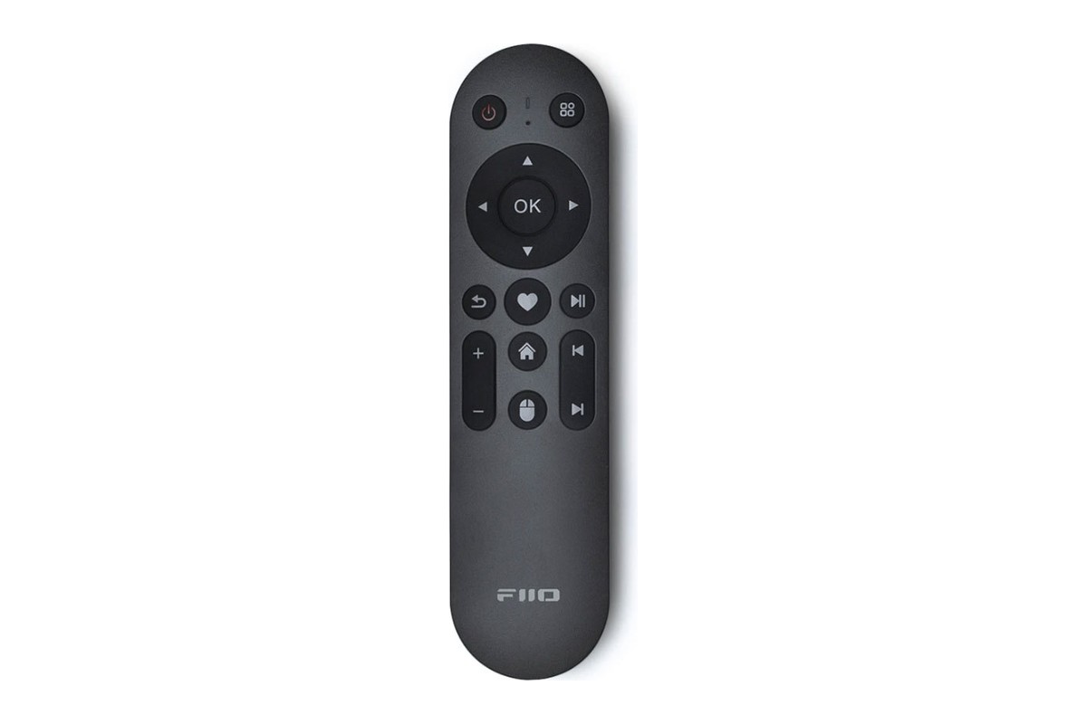Black remote control seen from the front with directional pad and playback keys