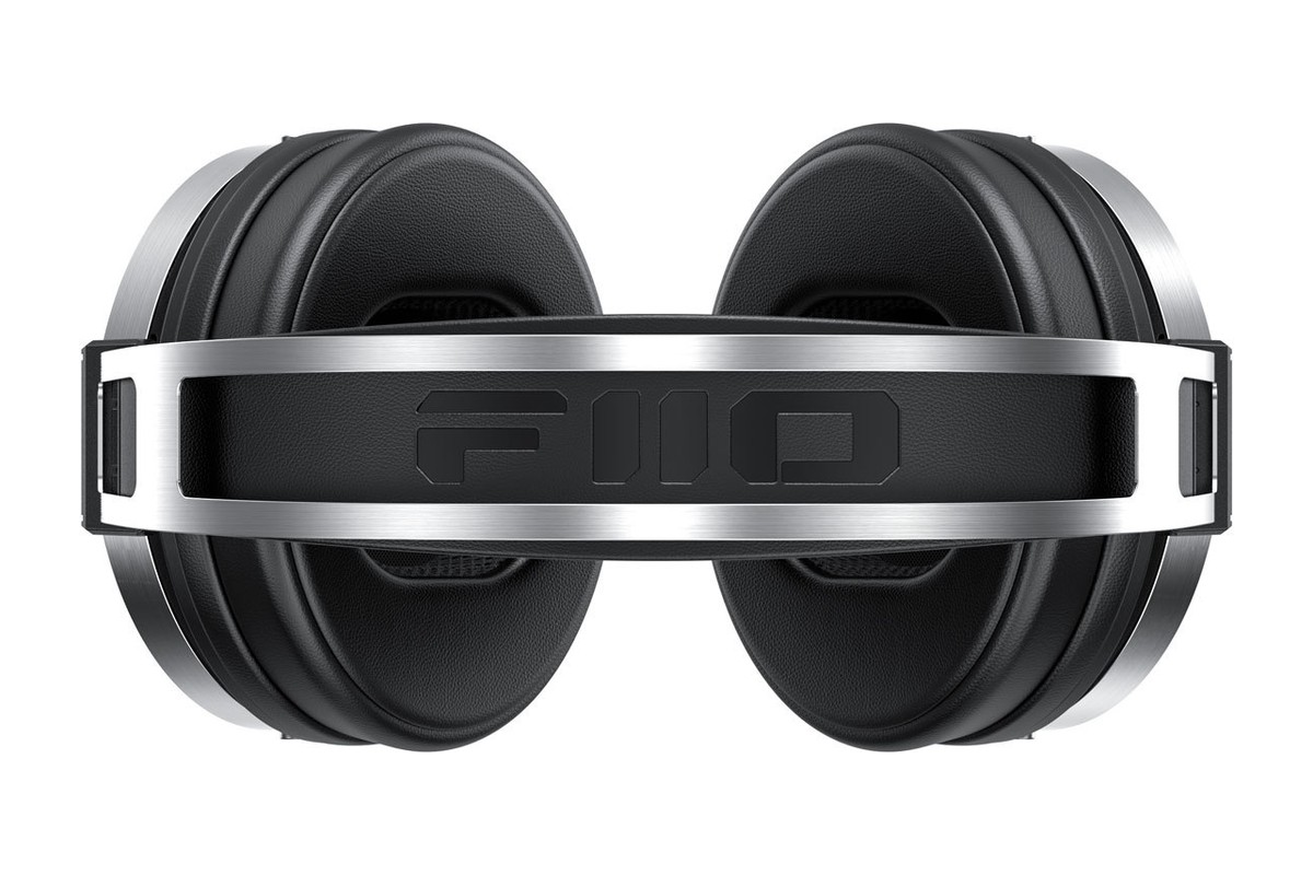 Headphones seen from above with the embossed logo on the headband