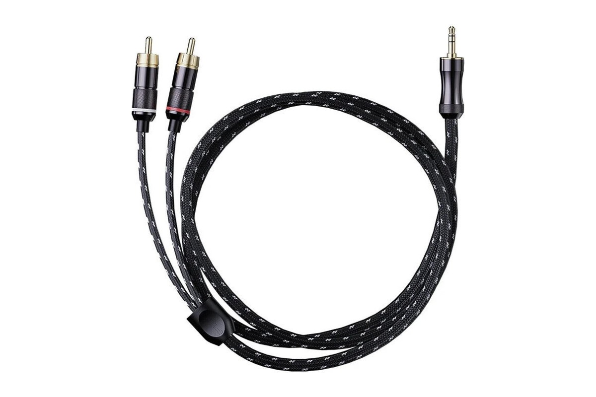 Câble noir tressé, deux fiches RCA dorées et une fiche jack 3,5 mm