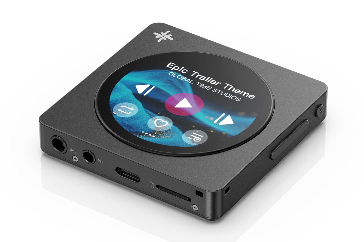 Black portable player at three-quarter angle, 4.4 and 3.5 mm sockets and USB-C port