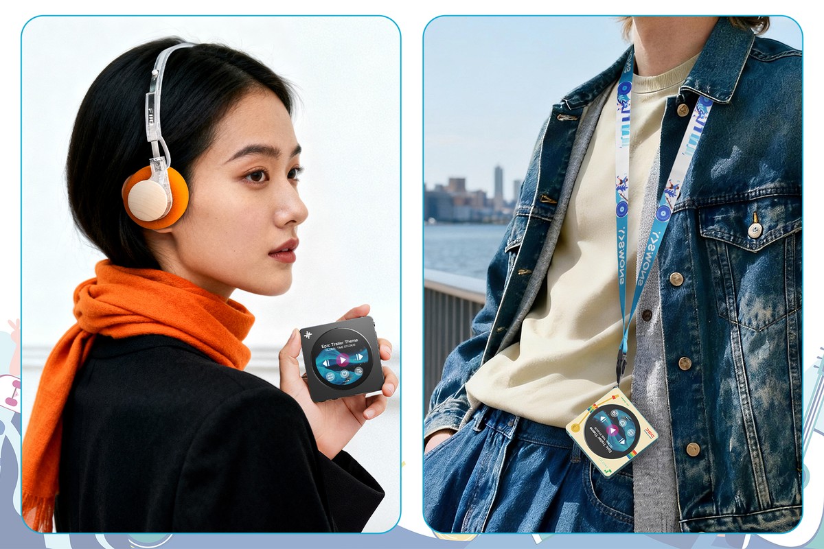 The player in use: held in the hand with headphones, then worn on a lanyard