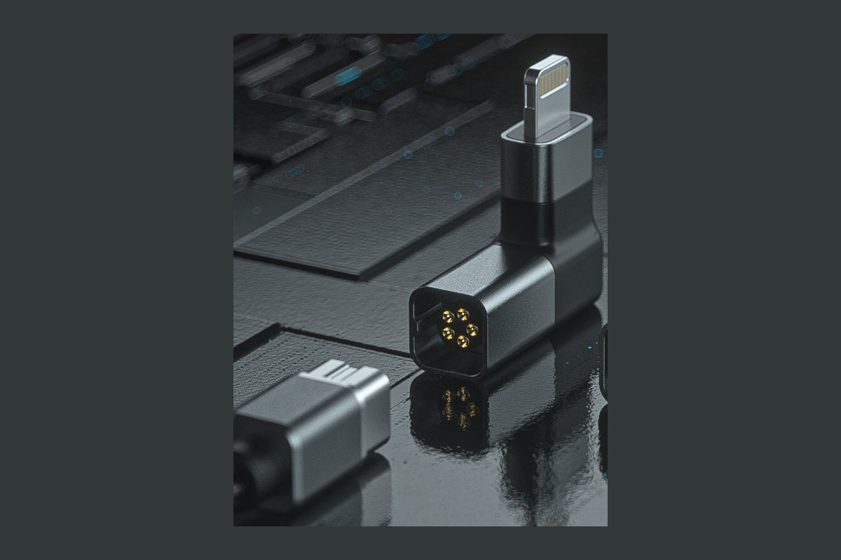 L'adattatore FiiO LF-LT, connettore Lightning e connessione magnetica visibili