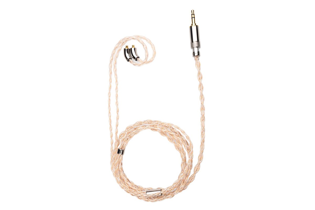 The FiiO LC-RE Pro cable coiled, MMCX connector and one plug, on a white background