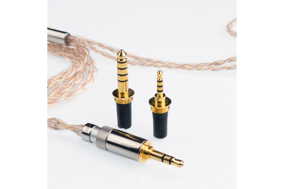 The interchangeable 3.5 mm, 4.4 mm and USB-C plugs of the LC-RE Pro, on a white background