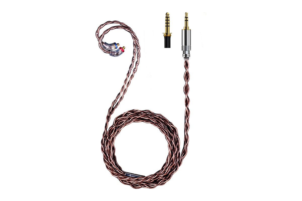 Das FiiO LC-RC Kabel aufgerollt mit seinen zwei austauschbaren Steckern, auf weissem Hintergrund