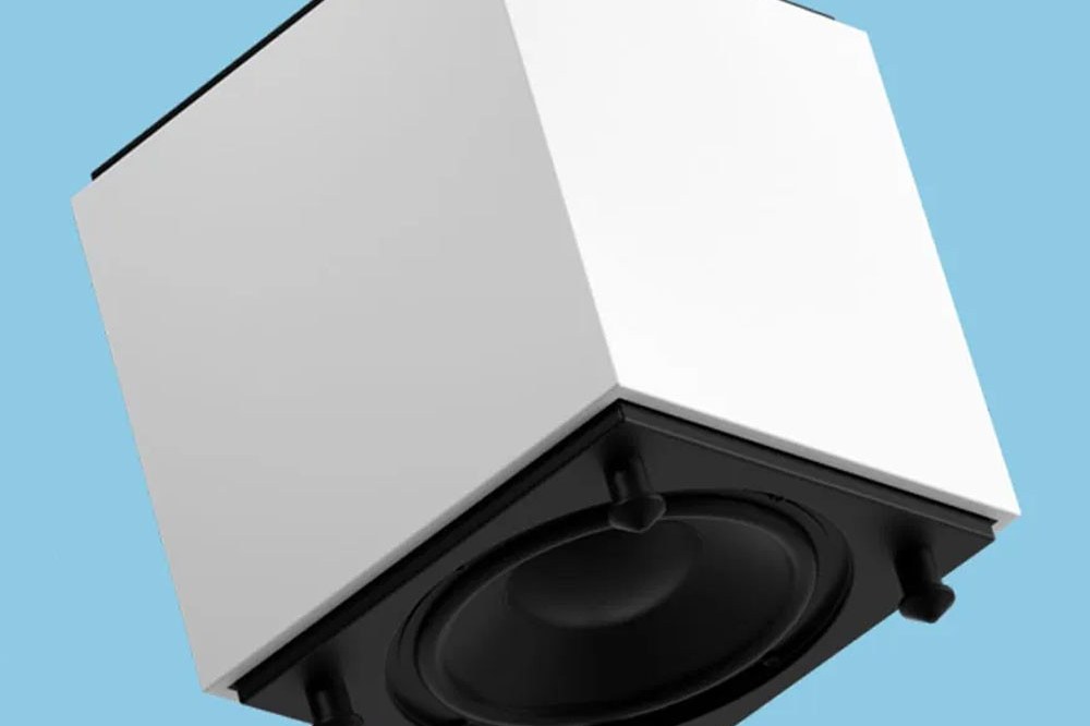 Caisson blanc satiné vu par-dessous, haut-parleur visible