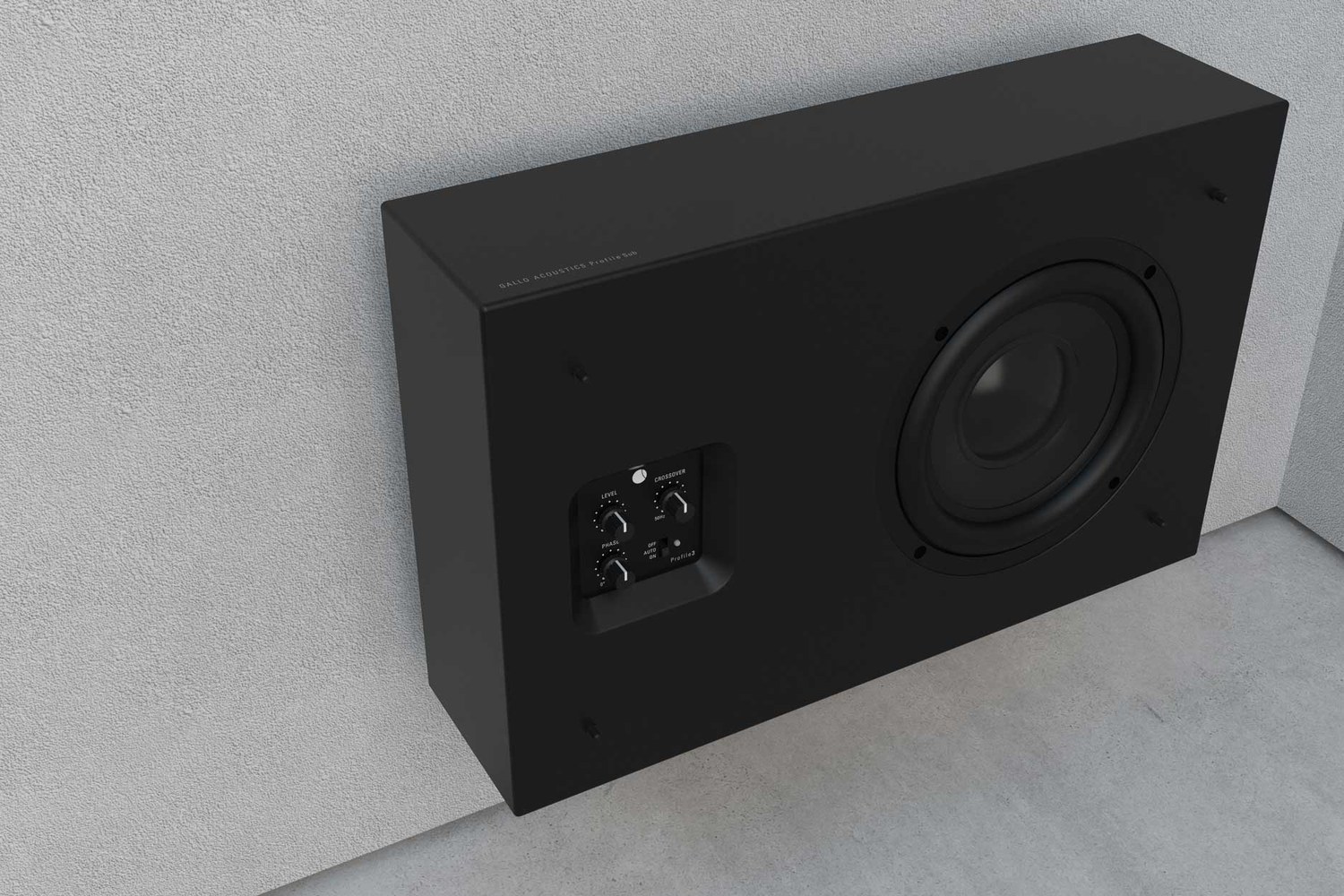 Black subwoofer without grille mounted on a wall, driver and controls visible