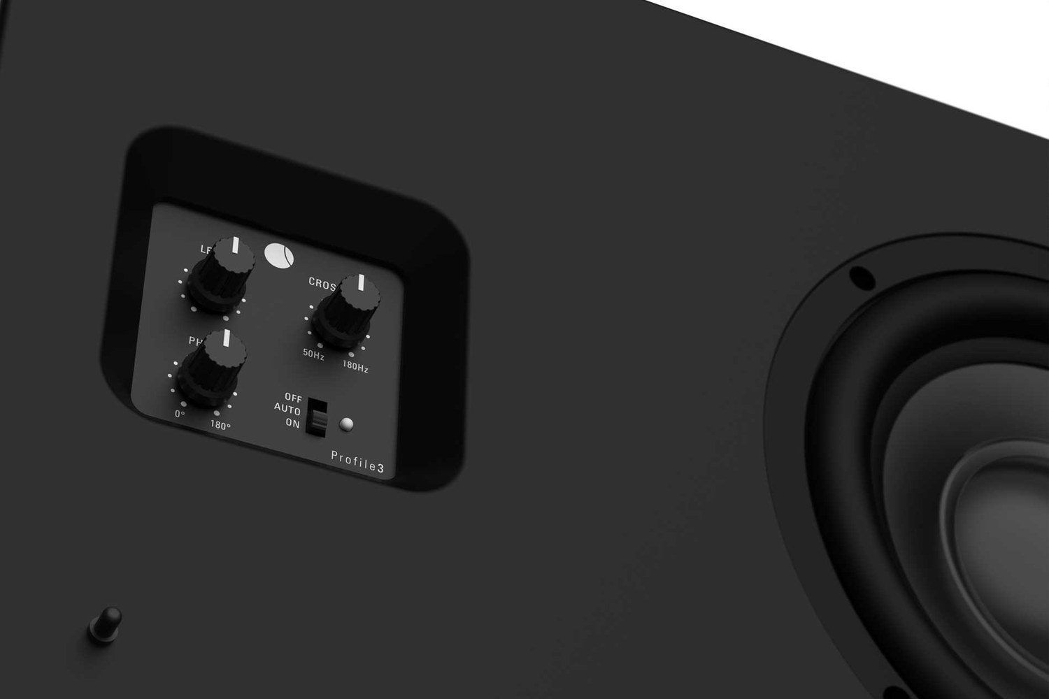 Subwoofer rear panel with volume, phase and crossover knobs