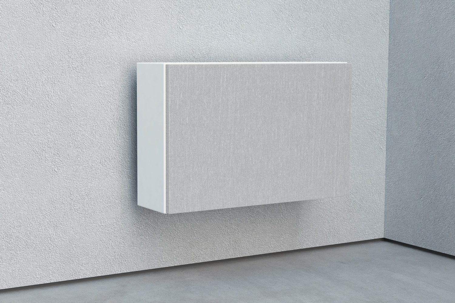 White subwoofer with a grey grille on a light wall