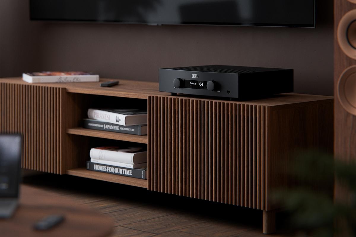 Built-in amplifier installed in a living room cabinet