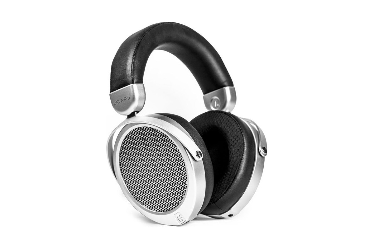 Silver and black Deva Pro headphones in three-quarter view