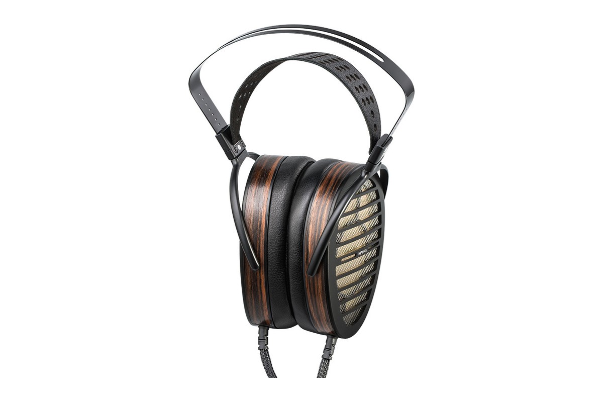 Electrostatic headphones with perforated headband in three-quarter view