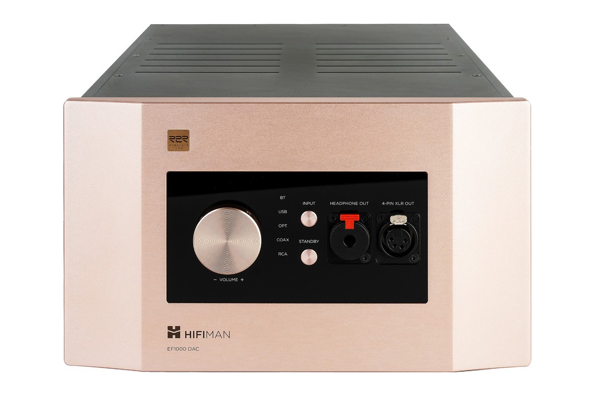 Rose-gold front of the unit with knob and headphone sockets