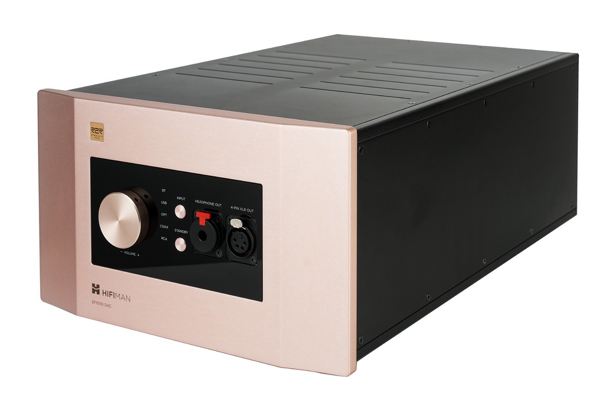 Unit seen from three-quarters, black chassis with rose-gold front