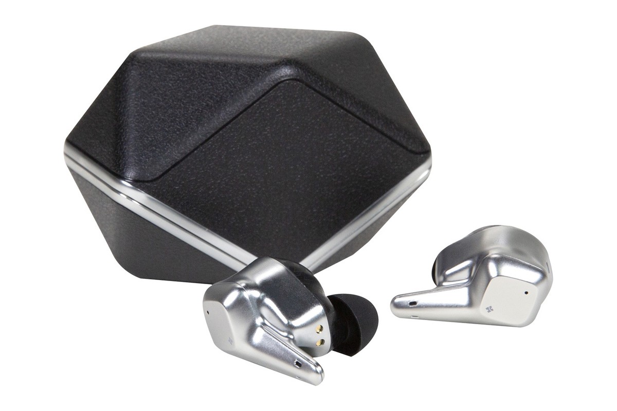 Silver earbuds placed in front of their closed charging case