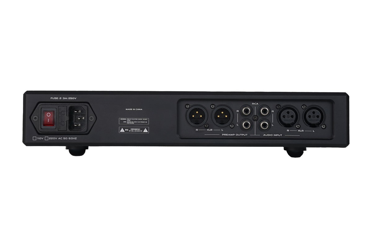 Rear panel of the unit with RCA and XLR inputs and outputs