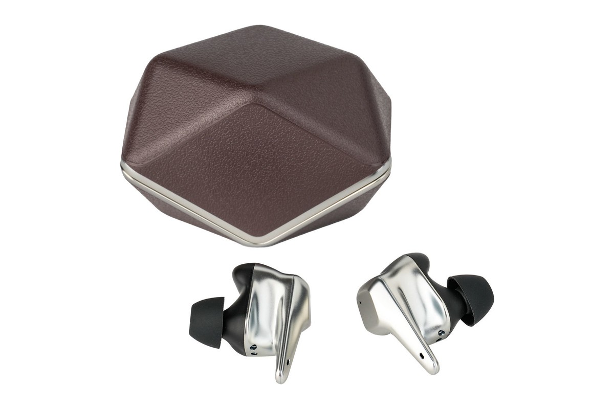 Closed brown charging case and two silver earbuds