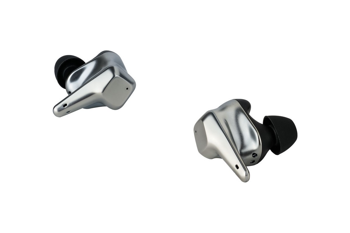 Two silver earbuds with black tips on a white background