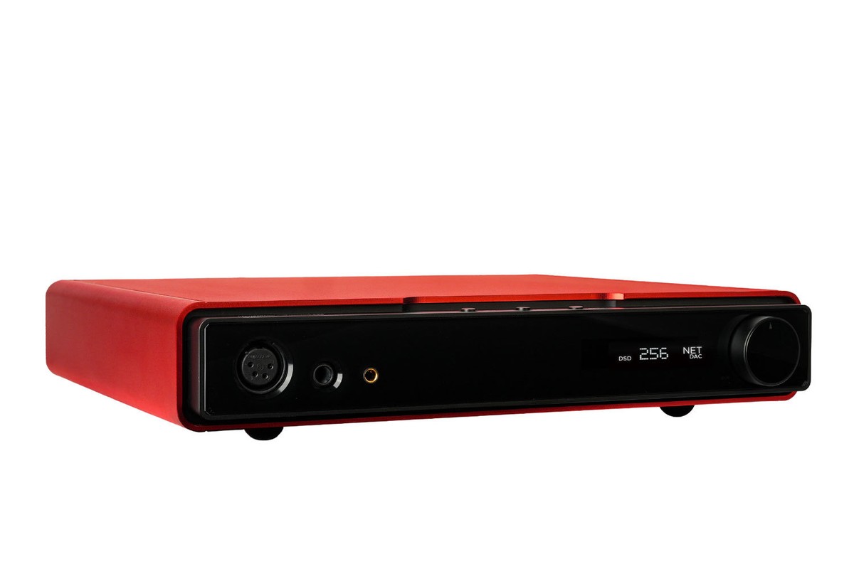 Red Hifiman Serenade Jr at three quarters, display lit